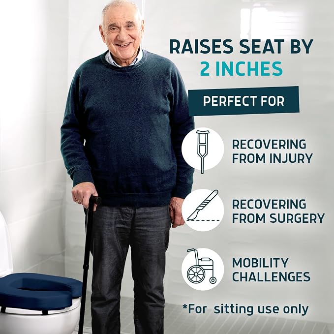 Lunderg Padded Toilet Seat Riser for Seniors - Adds 2 inches. Universal Fit | FIRM Raised Toilet Seat Cushion with High-Density Foam for Enhanced Comfort & Elevation. Post-Surgery Must have (Blue)