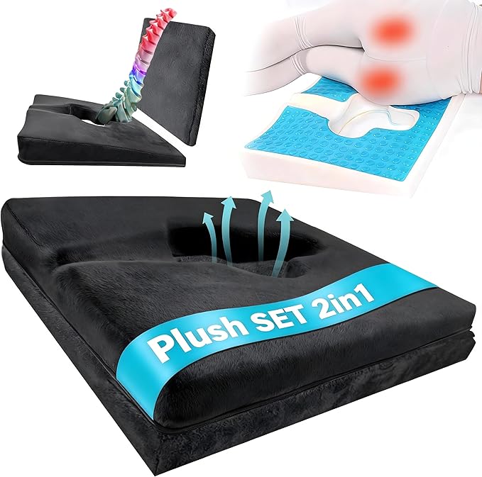 Gel Wheelchair Seat Cushion,Bed Sore Cushions for Butt,Pressure Sore Cushion for Office Chairs,Sciatica,Coccyx,Pain Relief Butt Pillow,Washable Cover.(Plush-Fabric&Support-Enhanced Set Black)