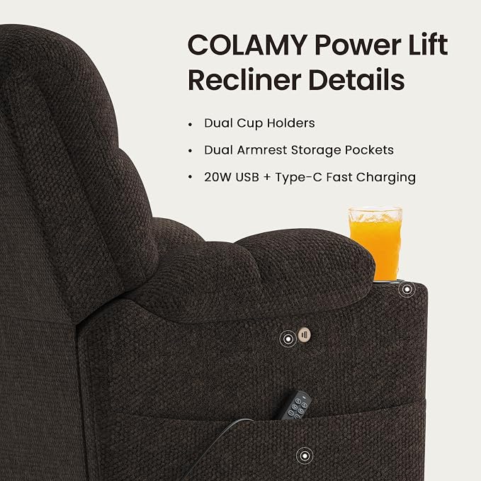 COLAMY Dual Motor Power Lift Recliner Chair for Elderly, Heavy Duty Bariatric Stand Up Assist Sofa with Independent Back & Footrest, Zero Gravity, Massage Heat & Breathable Fabric,Set of 2, Coffee