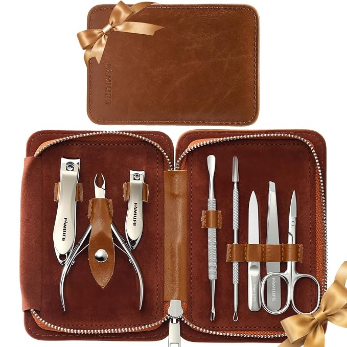 FAMILIFE Manicure Set, Nail Clippers Pedicure Tool, 8 pcs Stainless Steel Manicure Kit Professional Grooming Tool, Nail Kit with Portable Brown Leather Travel Case Luxury Gifts for Men Women