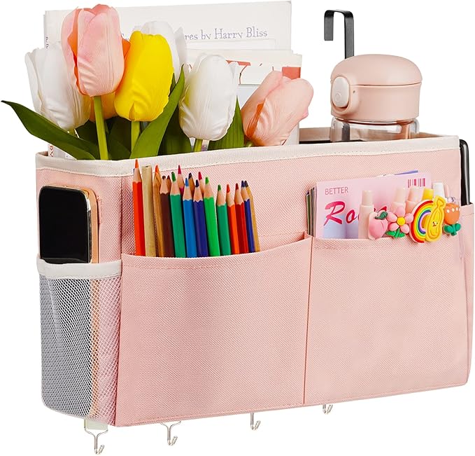Bedside Caddy Organizer 5 Pockets and 4 Hooks for Bunk Bed Pink | Hanging Storage Bag for Headboards
