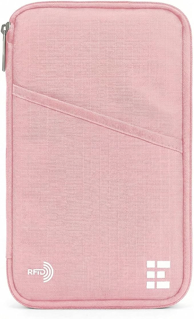 Zero Grid RFID Zippered Family Passport Holder for 6 Passports, Cards, Pink | Large Zippered Wallet for Men & Women, Fits Cards, Cash, ID, Sim Card; Premium & Compact Travel Document Holder, Rose Pink