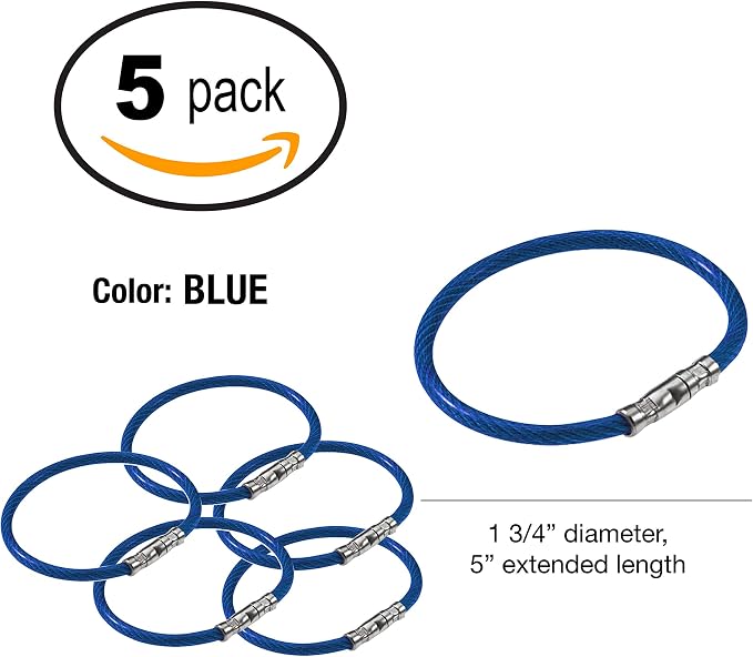 Lucky Line 5” Twisty Lock Key Ring, Flexible Nylon Coated Steel Wire Loop, Corrosion-Resistant and Durable, Blue, 5 Pack (8113005)