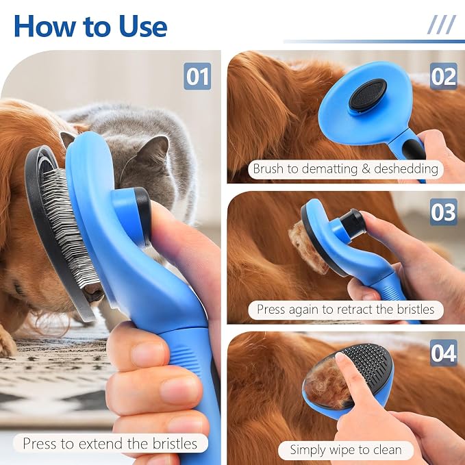 Self Cleaning Slicker Brush for Dogs & Cats, Deshedding Tool with Ergonomic Non-Slip Handle, One Button Hair Removal, Blue