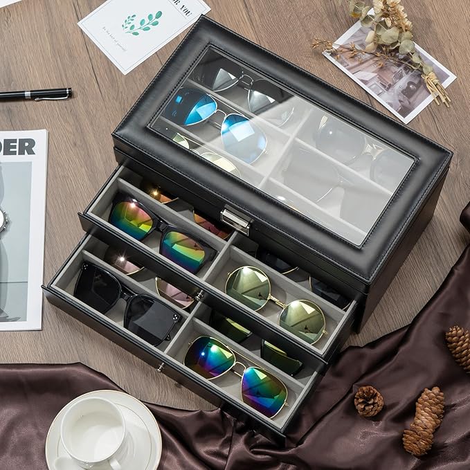 ProCase 3-layer Sunglasses Storage Organizer, 18 Slots Leather Sunglass Box Multiple Pairs Eyeglass Cases Eye Glass Eyewear Display Holder for Men Women, Valentine's Day Gift -Black