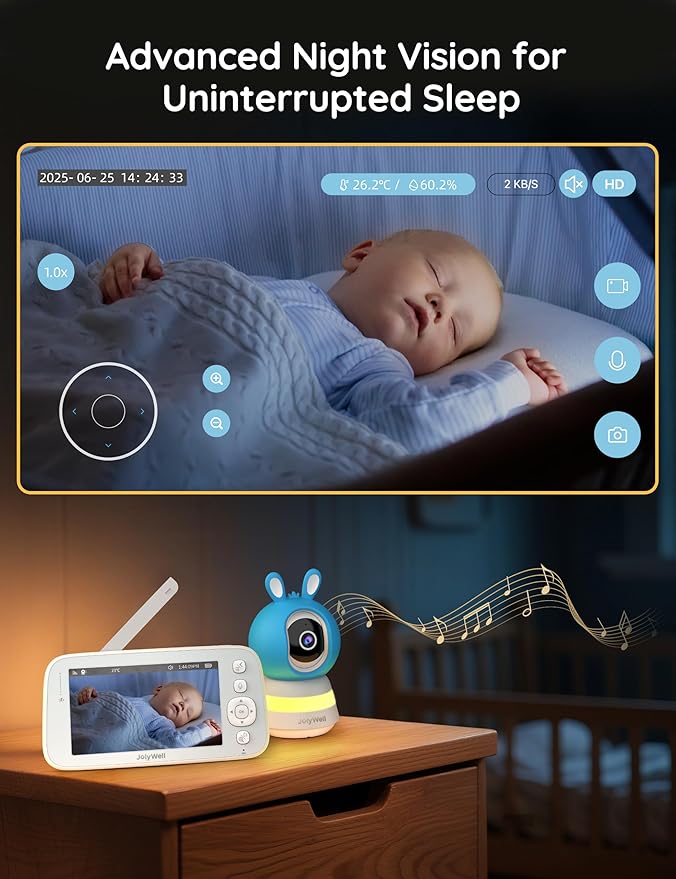 2K Baby Monitor with Camera and Audio, 5" Display Wifi Baby Monitor with App Control, Motion & Cry Detection, Night Vision, VOX, Real-Time Record, Temper Sensor, 2-Way Talk, RGB Night Light, Lullabies