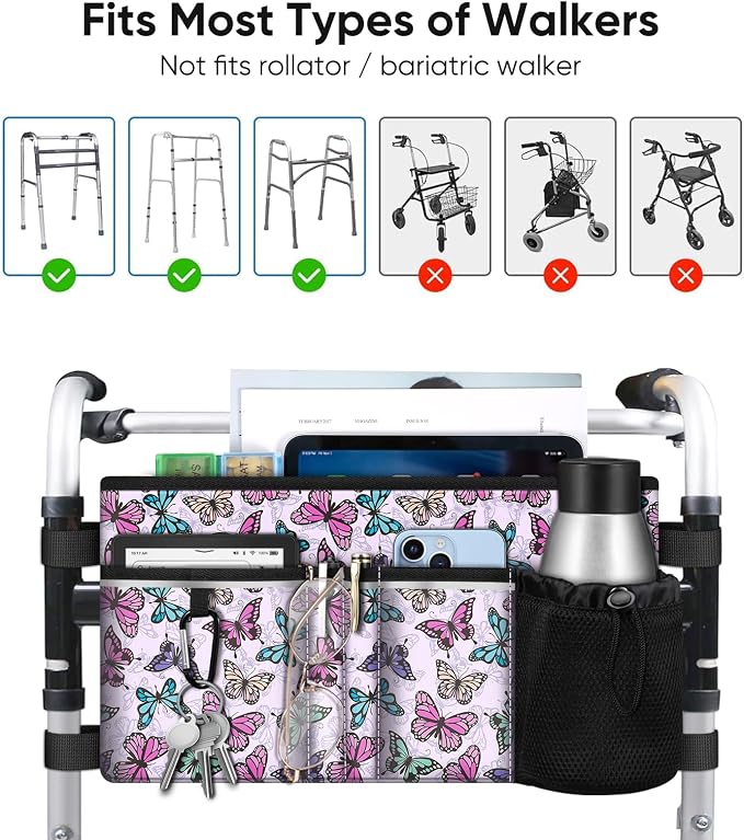 FINPAC Large Walker Tote Bag w/Cup Holder, Folding Walker Attachment Pouch | Water-resistant Polyester, Organized Pockets, Reflective Strip, Mobility Aid Storage Basket for Seniors, Butterfly