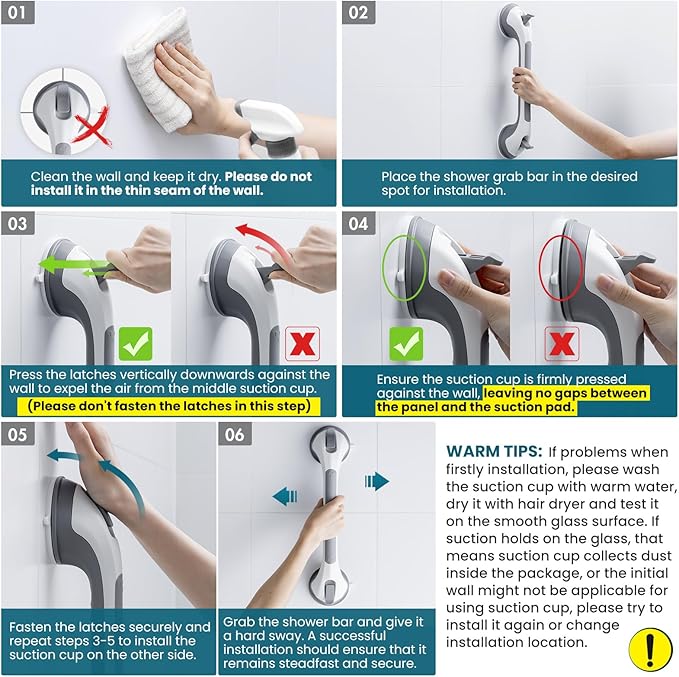 TAILI Shower Grab Bar 16 Inch Suction Cup Grab Bars for Bathroom, Removable Shower Safety Handle Heavy Duty Bathtub Grip for Seniors & Elderly, Strong Handrails No Drilling Waterproof, Grey