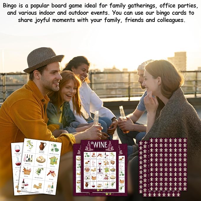 Wine Bingo Game Cards, Tasting Bingo Set for Adults Large Group, Winery Themed Fun Games, Wine Tasting Bridal Shower Party Activities, Icebreaker Games for Family Friends -24