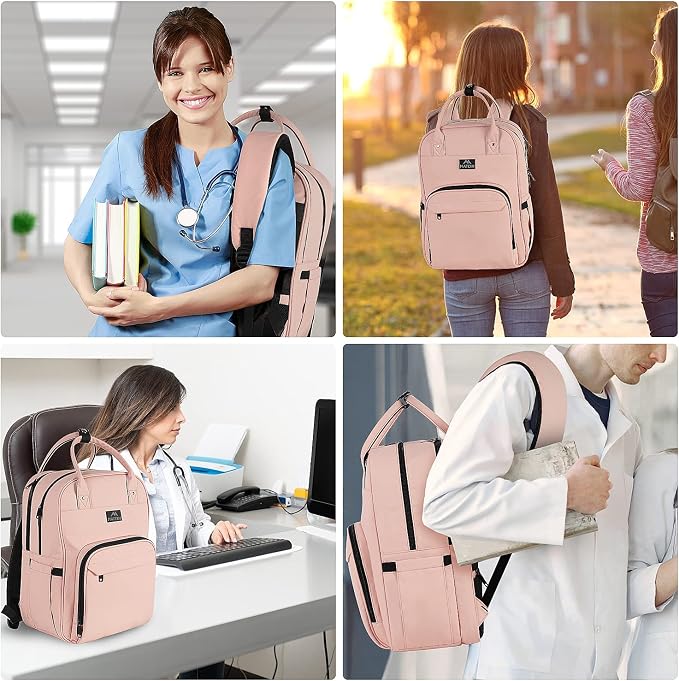 MATEIN Nursing Backpack, Home Health Nurse Bag with Removable Organizer | Womens Medical Backpack fit 15.6 Inch Laptop, Waterproof Clinical Doctor Work Bag for College, Pink Nursing Essentials