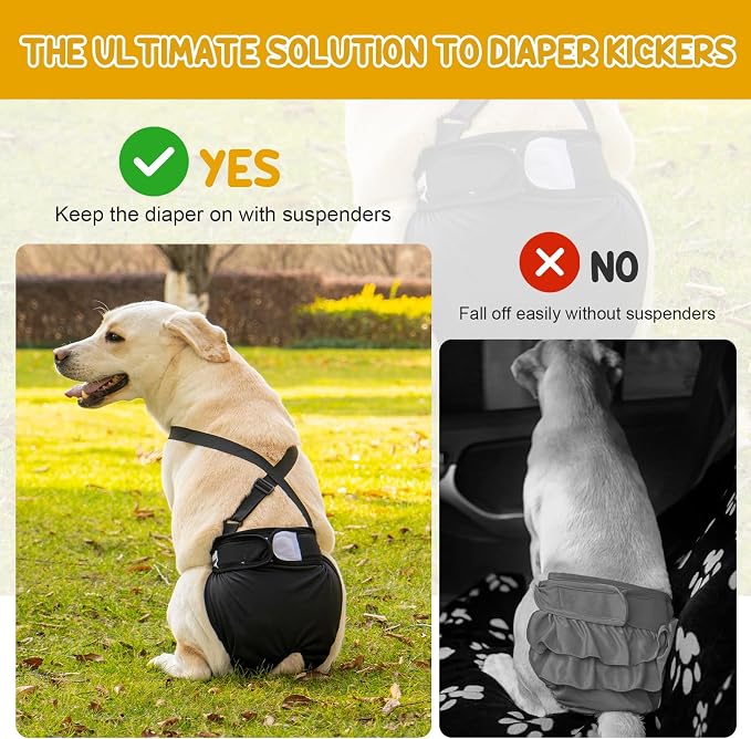 Avont 3 Pack Washable Female Dog Diaper with Suspender - XL | Reusable Girl Doggie Diapers for Small Medium Large Dog in Heat Cycle Period Incontinence (All Black)