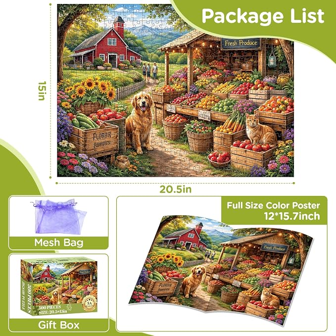 500 Piece Puzzles for Adults, Countryside Farm Market Jigsaw Puzzles | Fruit Fresh Produce Puzzle 500 Pieces, Mountains Meadow Jigsaw Puzzle, Dog Cat Funny Puzzle Home Decor Birthday Party Gift