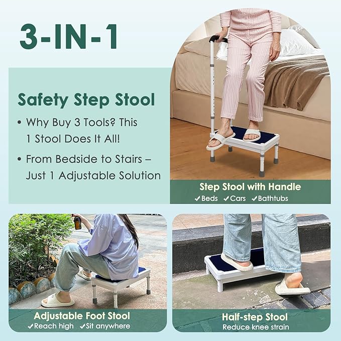 Medical Step Stool with Handle for Elderly Bed Side Stools for High Beds Adult Seniors Safety Bedside Steps Adjustable Heavy Duty Stepping Stool Metal Platform RV Bathtub Car Bedroom Assist (17.8")