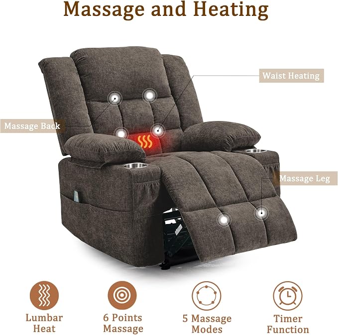 Korser Recliner Chair, Wall Hugger Recliners for RV with Massage and Heating, Zero-Gravity Recliner, Electric Power Recliner Chair for Living Room, Bedroom, Home, Theater Seating (Brown)