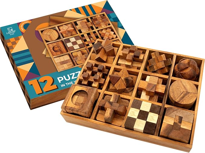 BSIRI 12 in 1 3D Wood Puzzle Box Set - Wooden Brain Teaser Puzzles for Adults Interlocking Toys Games for IQ and Mind Ideal for Patio Decor Desk Office and Unique Gift Hand Game (12 Games)