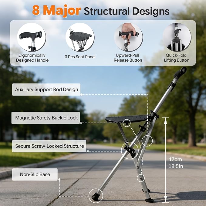 Cane with Seat Folding Lightweight, Walking Cane Stick with Seat for Seniors, Chair Cane with LED Light, Aluminum, Anti-Slip