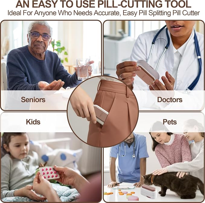 Pill Cutter Splitter for Small and Tiny Pills, Vertical Push Down Cut Pill Cutter 1/4 1/3 1/2, Accurate Pill Cutter for Small or Large Pills with Storage Cleaning Brush Pill Crushers for Elderly Pets