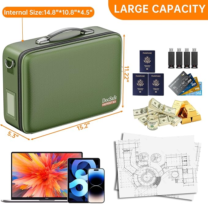 DocSafe Fireproof Document Box Hard Case with Lock ＆ Accordion File Folder | Fire and Water Resistant Safe Box,File Organizer,Multi-Pocket,Home Office Travel Storage for Important Document,Laptop,Green