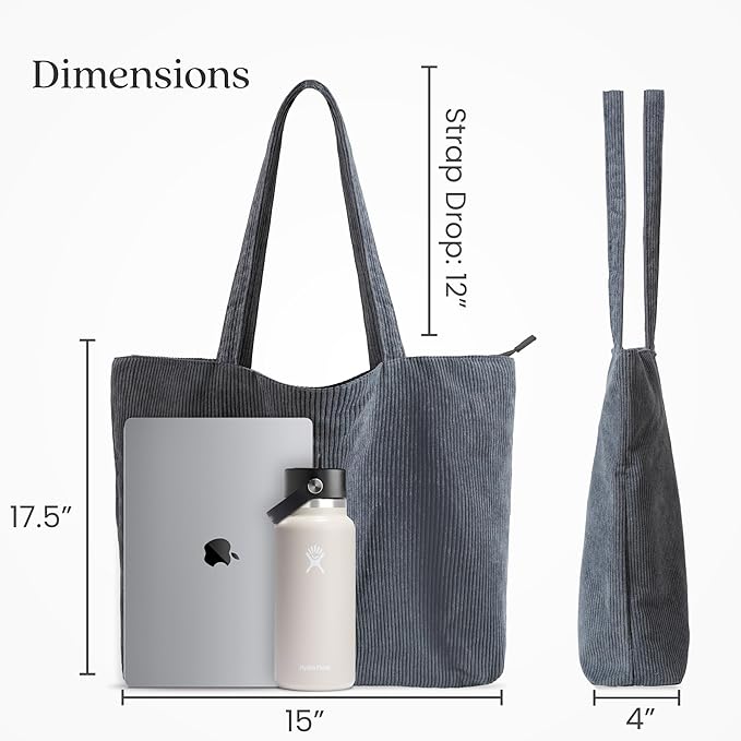 VANDEL Corduroy Tote Bag for Women and Men with Zipper and Inner Pockets. Cute School Tote Bag with Zipper, Aesthetic