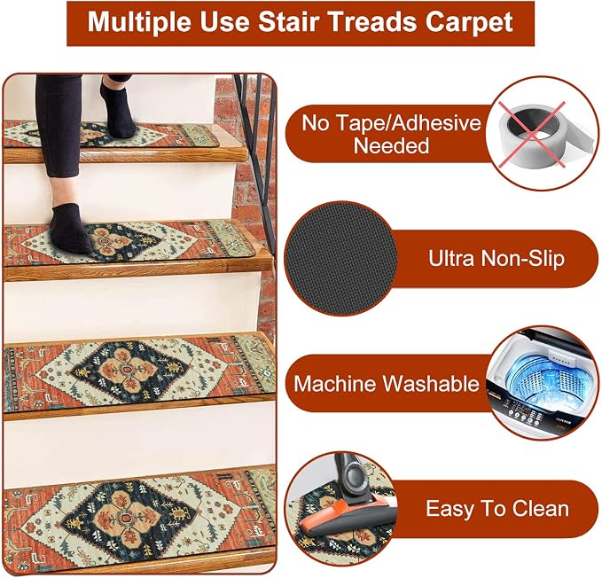 OJIA Non-Slip Carpet Stair Treads for Wooden Steps 15PC 30"X8" Stair Runner | Indoor Stair Runners for Wood Steps Non Slip Rubber Stair Carpet Safety Mats for Dogs, Kids & Elders, Stairway Grip Covers