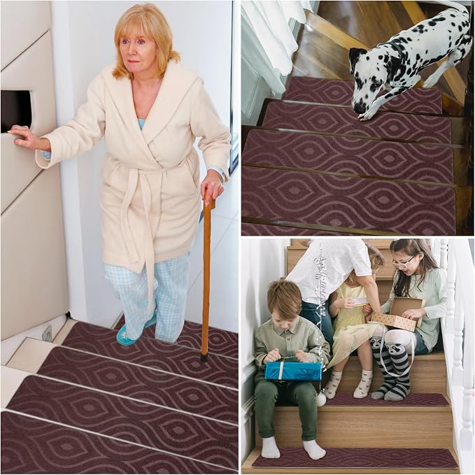 Stair Treads for Wooden Steps 15pcs 8x30in Non-Slip Stairs Carpet Runner | Indoor Stair Mats for Kids Elders and Pets
