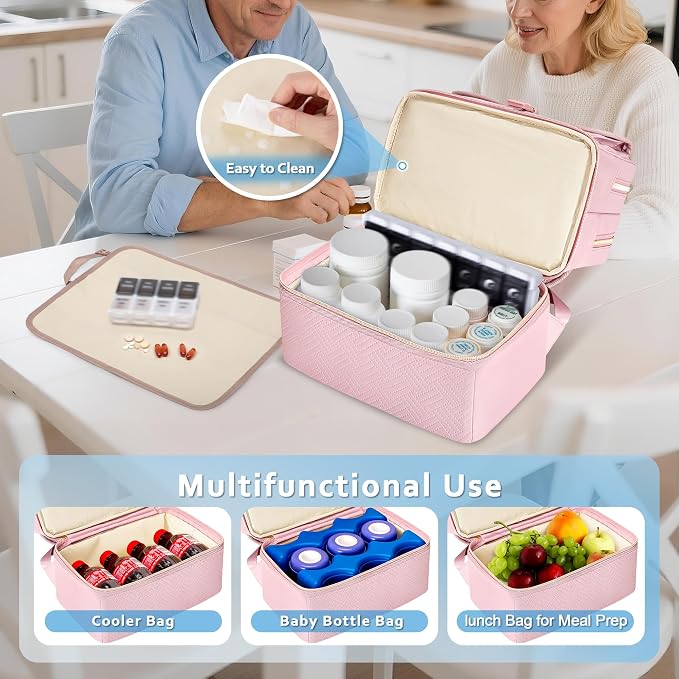 Fasrom Medicine Travel Bag, Pill Bottle Organizer w/Insulated Compartment | Double Layer Design with Waterproof Mat, Stores Vitamins & Medical Supplies, Travel, Home and Daily Medication Storage