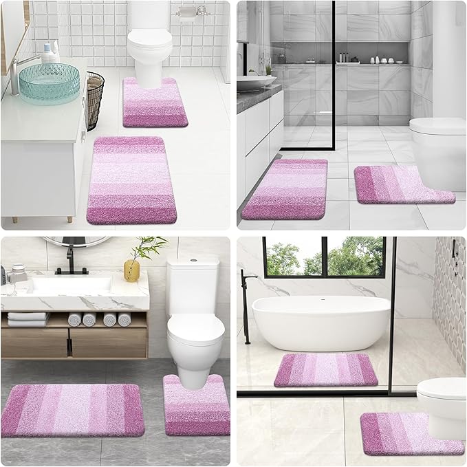 OLANLY Bathroom Rug Set 2 Piece, Soft Absorbent Microfiber Bath Mats and U-Shaped Contour Toilet Rug, Non-Slip, Machine Wash Dry, Plush Shaggy Bath Mats for Bathroom (24"x16"+U24 x20, Pinkish-Purple)