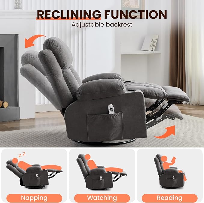 MAHOMICO Swivel Rocker Recliner Chair with Vibration Massage and Heat for Living Room,with Rocking Function and Side Pocket, USB Charge Port,2 Cup Holders