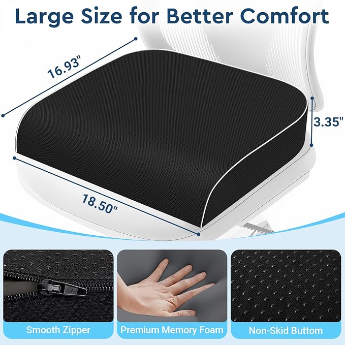 Seat Cushion, Memory Foam Office Chair Cushion, Black, X-Large | Office Desk Accessories, Butt Pillow for Long Sitting Sciatica, Coccyx, Tailbone, Hip Pain Relief - for Home, Car, Airplane