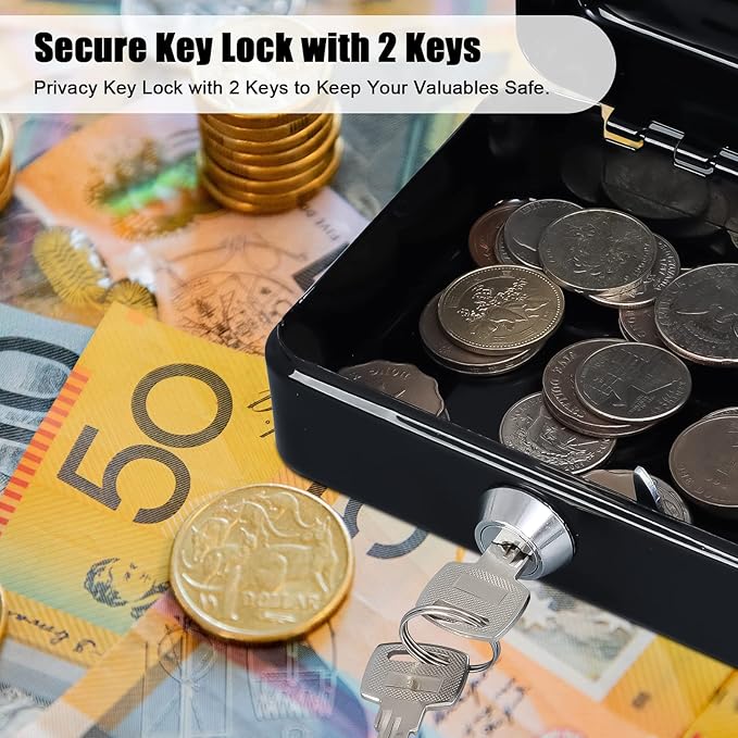 KYODOLED Small Cash Box with Removable Money Tray, Key Lock Metal Storage Box with 2 Keys & Portable Handle, Safe Cash Drawer, 5.91"x 4.72"x 3.15", Black