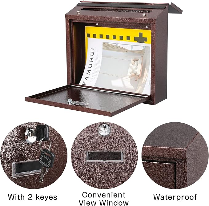 xydled Mail Boxes with Key Lock,Locking Mailbox Wall Mounted, Bronze | Large Capacity, Galvanized Steel Cover Metal Postbox for House,ideal for mail storage, 14 x 12.5 x 4.25 Inches