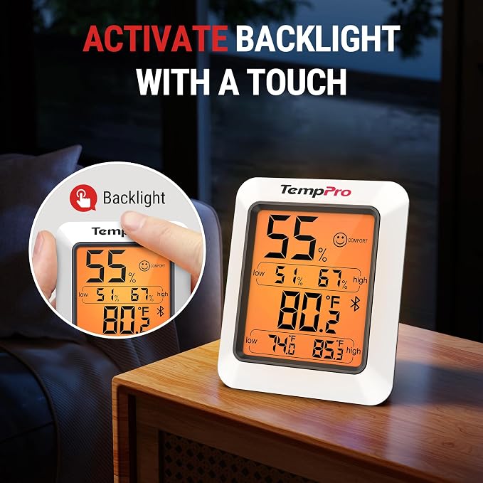 TempPro TempAir Bluetooth Hygrometer Thermometer for Greenhouse Up to 260ft | Room Indoor Thermometer Humidity Monitor, Humidity Meter Temperature Sensor with 2-Year Data Export&Large Backlit Display