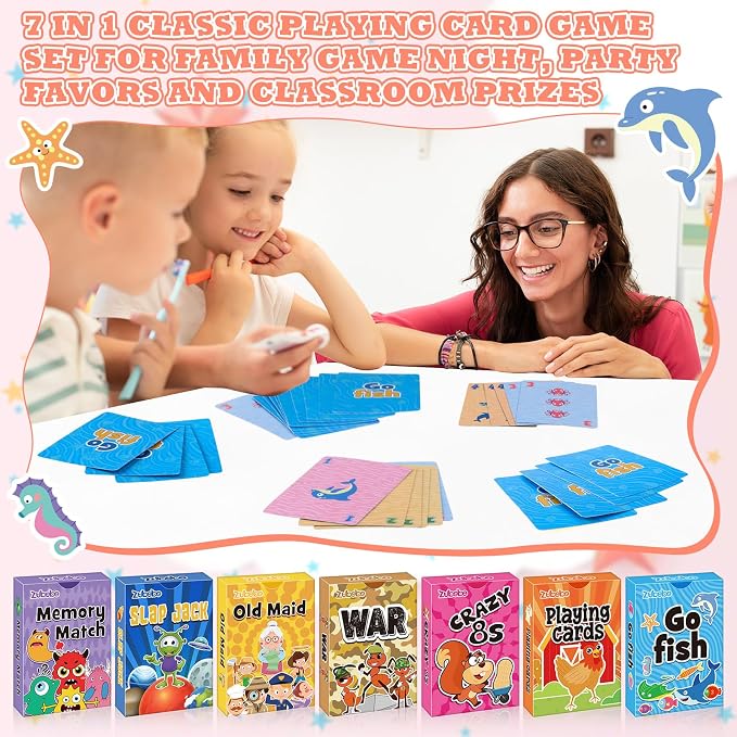 Zubebe 14 Pack Kids Card Games Gifts Bulk Classic Playing Card Game Set for Kids Includes Go Fish, Old Maid, Crazy Eights, Memory Match, Slap Jack, Playing Toy for Party Favors (Vivid)