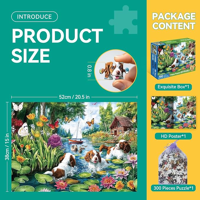 300 Piece Puzzles for Adults&Kids Large Piece, Summer Elderly Jigsaw Puzzles 300 Pieces – Dog Water Fun, Unique Artwork Perfection Game, Family Entertainment & Gift for Seniors(20.5" x 15")