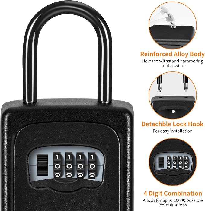 Portable Key Lock Box for House Key, Weatherproof Resettable Code House Key Safe Security Lock(4 Pack, Black)