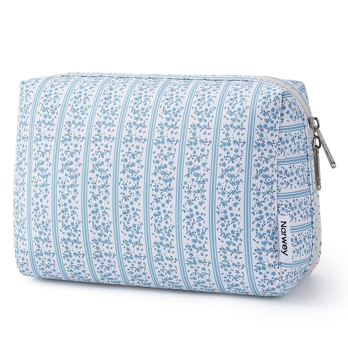 Narwey Cute Floral Makeup Bag Travel Cosmetic Bag Organizer Toiletry Bag Make Up Bags with Compartments for Women Girls (Blue Flower Buds, Large)
