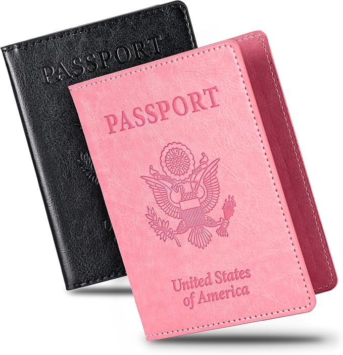 2 Pcs Passport Holders，Ultra Slim Passport Wallet for Travel Essentials | PU Leather Passport Cover for Women and Men (Black & Baby Pink)