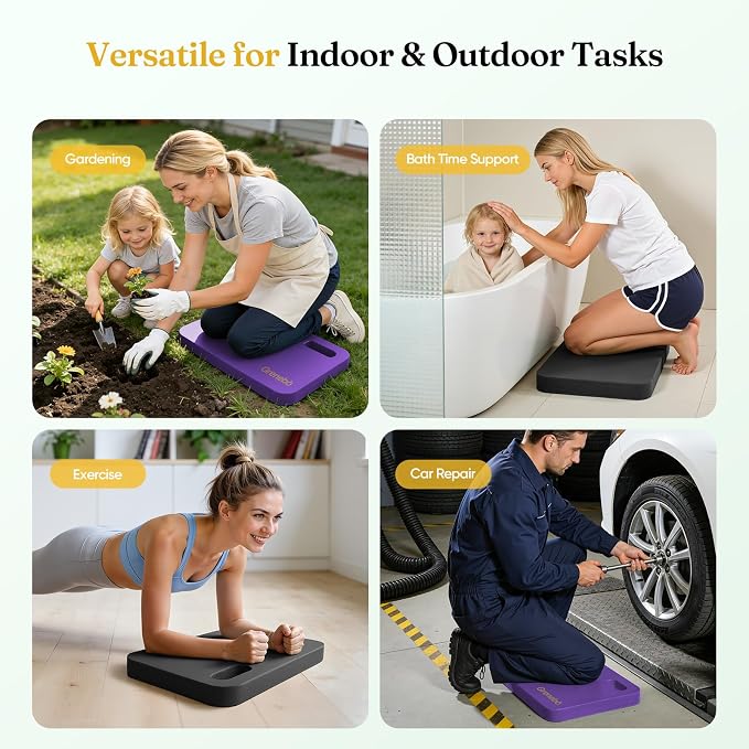 Grenebo 2-Pack Kneeling Pads, Extra Thick, 17.3 x 11 x 1.6 in, Black Purple | Soft NBR Foam Cushion for gardening kneeling pad use, Knee pad support for Gardening, Baby Bathing, Exercise and Work
