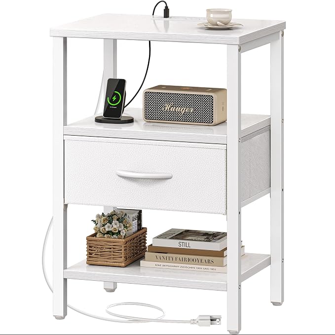 SUPERJARE Nightstand with Charging Station, Bed Side Table with Adjustable Fabric Drawer, Night Stand for Bedroom, 3-Tier Storage End Table, for Living Room, White | Night Stand for Bedroom, with Adjustable Fabric Drawer, 3-Tier Storage End Table, for ...