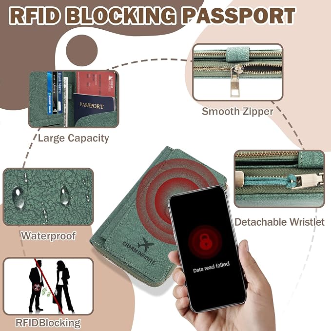 RFID Blocking Passport Wallet, Anti Theft PU Texture Passport Pouch with Tracker Case, Travel Document Organizer Zipper Wallet with Wrist Strap & Keychain, Gifts for Women and Men (Black)