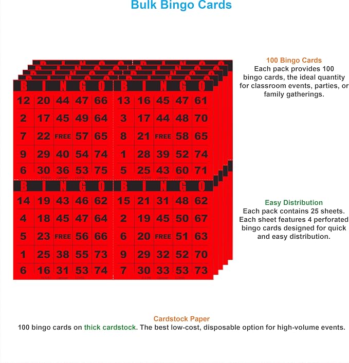 100 Bingo Cards, Large 4.5 x 4.5 Inch, Red, Paper Bingo Sheets | 8 Color Options, Premium Cardstock, Disposable with Daubers or Reusable with Chips — Proudly Made in USA