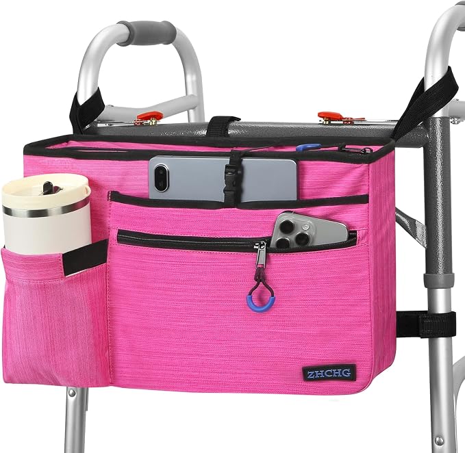 ZHCHG Walker Bag with Cup Holder, Walker Accessories for Seniors Detachable | Foldable Walker Basket with Large Capacity, Best Gift (Not Fit Rollator Walkers)- Pink
