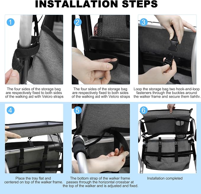 Walker Basket with Tray, Walker Tray for Folding Walker, Walker Accessories for Seniors, Non-Slip Surface, Universal Fit for Standard Walkers, Ideal for Meals, Drinks & Reading(Grey)