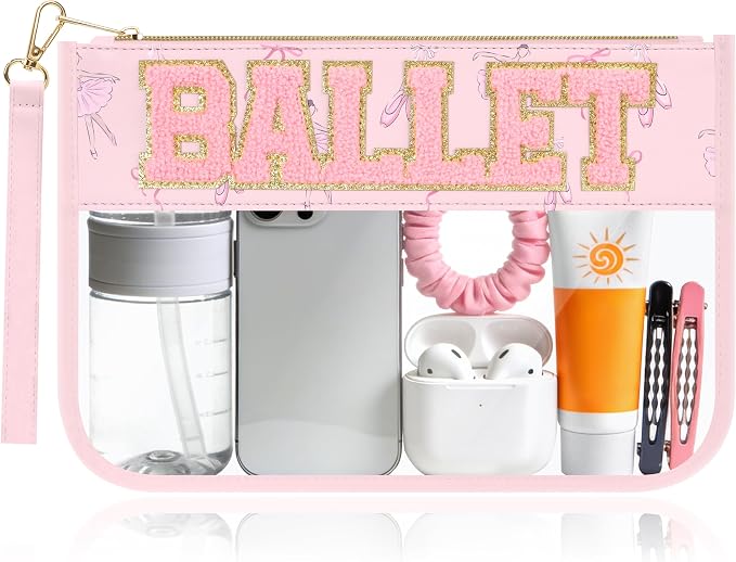 BuyCard Ballet Gifts Cosmetic Makeup Bag with Chenille Letter Patch, Clear Pouch PVC Organizer Purse, Waterproof Travel Bag, Portable Toiletry Storage Bags for Her Girls Friends Women