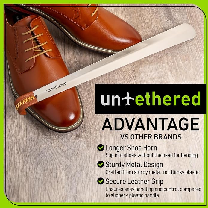 Untethered Long Metal Shoe Horn with Leather Handle | Durable Shoe Spoon for Seniors, Men, Women & Kids | Easy-to-Use Boot & Ski Shoehorn | Sturdy Long Handle Shoehorn.