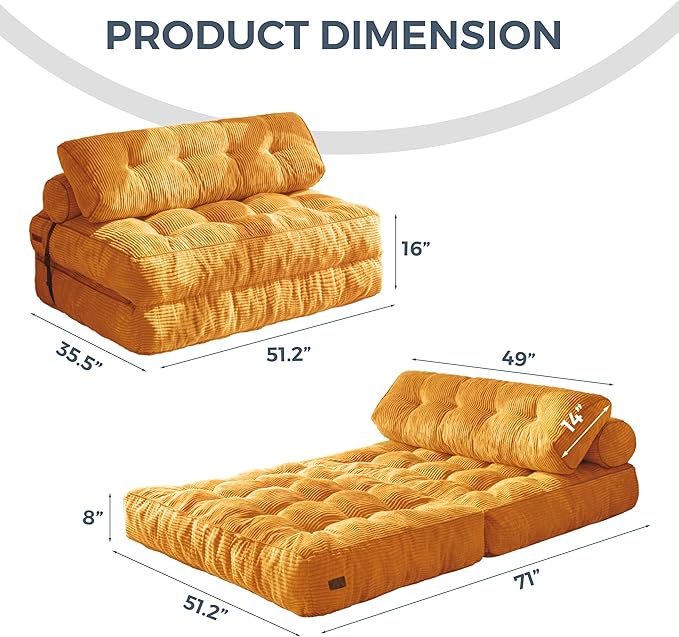 MAXYOYO Folding Sofa Bed, Convertible Sleeper Chair with Pillow Foldable Matress with Back Support, Portable Fold Out Chair Bed Comfy Floor Sofa Lounge for Living Room Bedroom, Orange Double