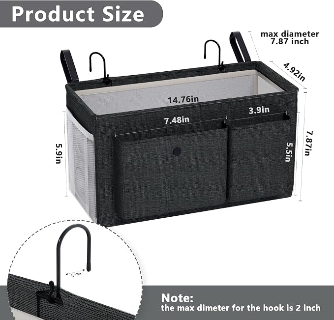 Bedside Caddy Bedside Storage Hanging Organizer for Bunk Dorm Bed Rail | Bed Caddy with Hooks, Top Bunks and Dorm Essentials for Water, Tissues, Tablets, Books, Phones, Remotes and Other Necessories