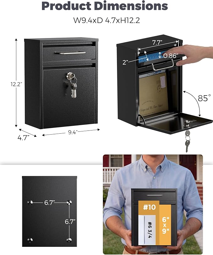LAND·VOI Mailbox for Outside Wall Mount, Heavy Duty Rustproof, Anti-Theft Locking Mailbox with 4 Keys, Weatherproof for Residential & Apartment, 12.2"×9.5"×4.7", Black, Small