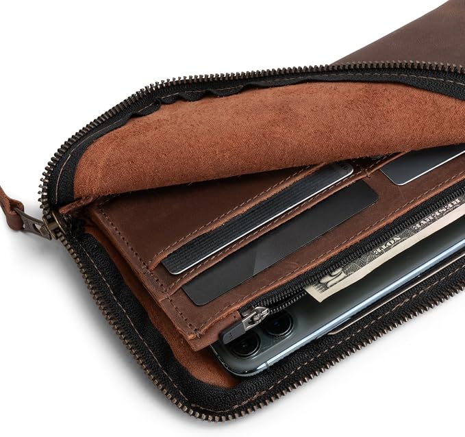 Hide & Drink, Leather Long Zippered Wallet, Holds Up to 8 Cards Plus Coins And Flat Bills, Phone Holder, Travel Essentials, Handmade (Bourbon Brown)