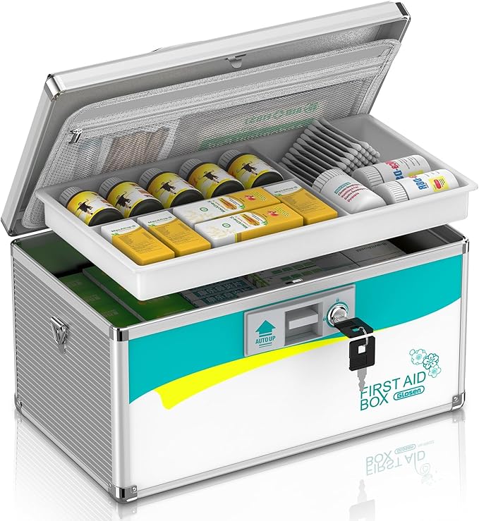 Glosen Medicine Lock Box,locking medicine box, Security Lock Boxes【Large 14x8.5x7.5 Inches with removable storage pocket】 lock box, First Aid Key Safe Box for Medication